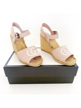 Gucci Flor GG Espadrille Wedge Sandals EU 39.5 US 9.5 Pink Gold Platform Heel